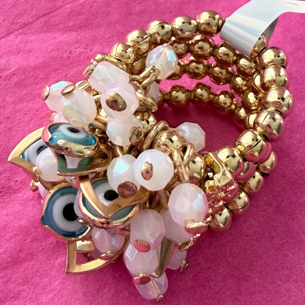 Gold and White Beaded Charm Bracelet - Women's Jewelry